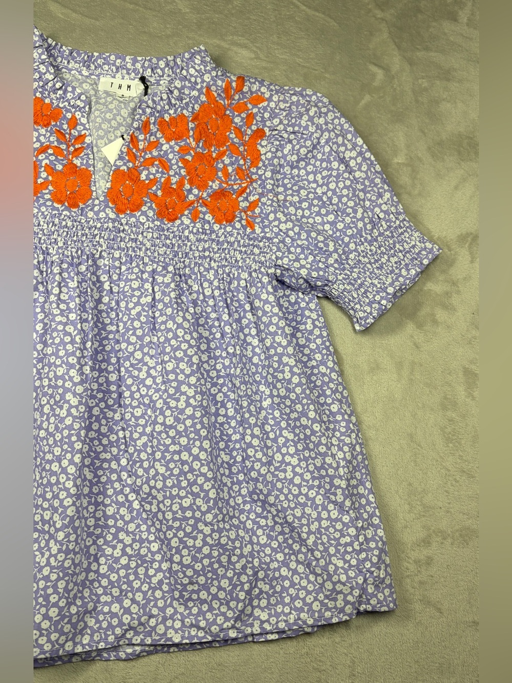 NWT THML Floral Embroidered Purple Orange White Short Puff Sleeve Blouse Small - Picture 3 of 14
